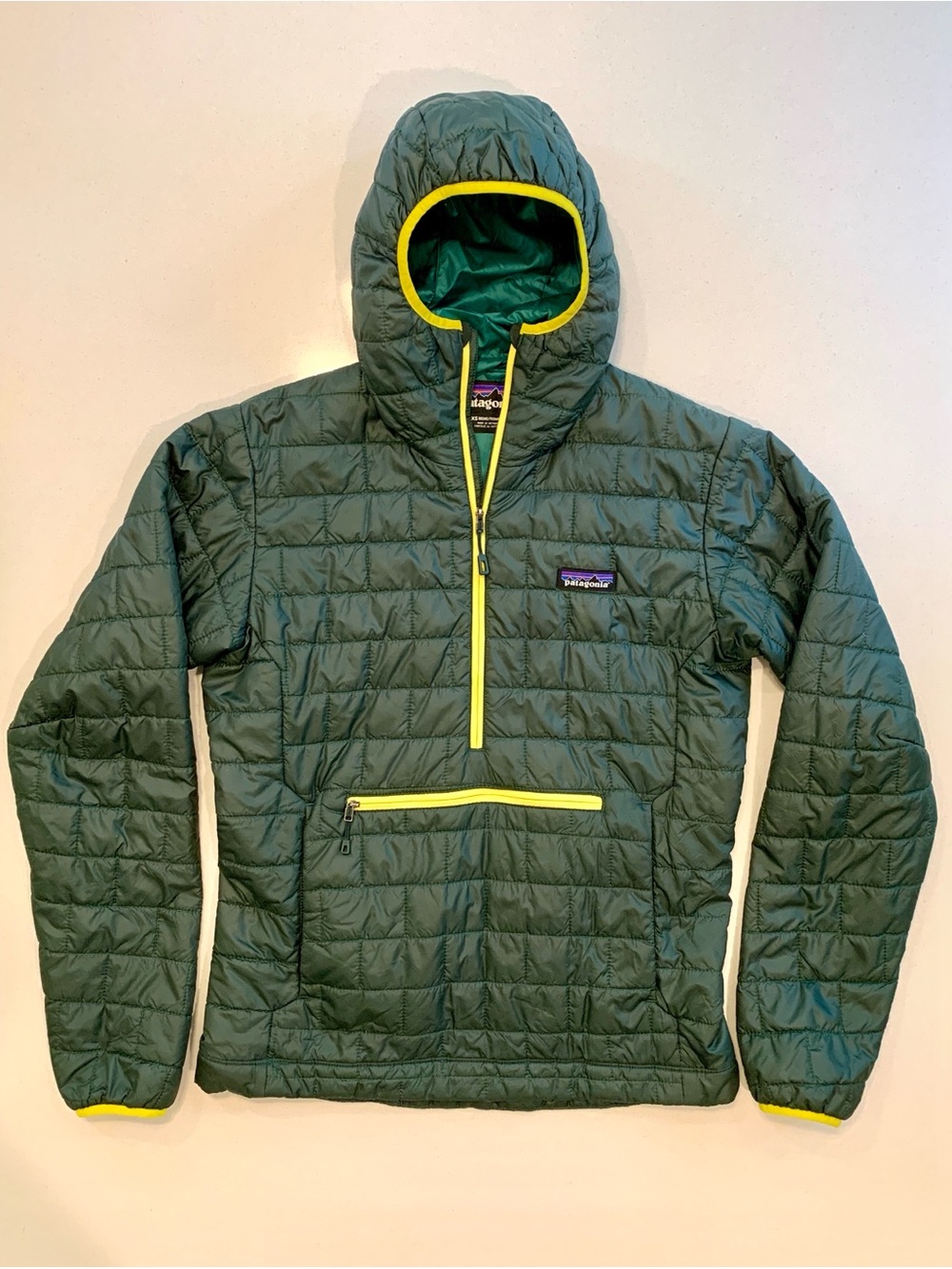 Patagonia Men’s Nanopuff Green Hooded Insulated Pullover with Yellow Trim